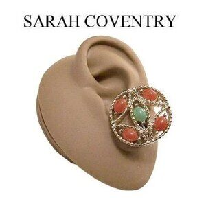Sarah Coventry Orange Coral Green Lime Discs Clip On Earrings Gold Tone